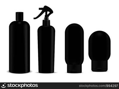 Big Black cosmetics sprayer and shampoo bottles mockup set black pump dispenser and lid. Realistic vector illustration package.. Big Black cosmetics sprayer shampoo bottles mockup