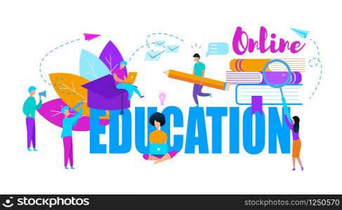 Big Blue and Pink Colored Words Online Education. Little Learning People Moving Around with Stationery Isolated on White Background. Cartoon Characters. Textbooks. Creative Flat Vector Illustration.. People Moving Around of Words Online Education