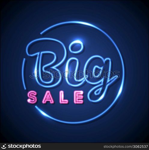 Big blue and pink sale advertisement with sparks made from neon lights