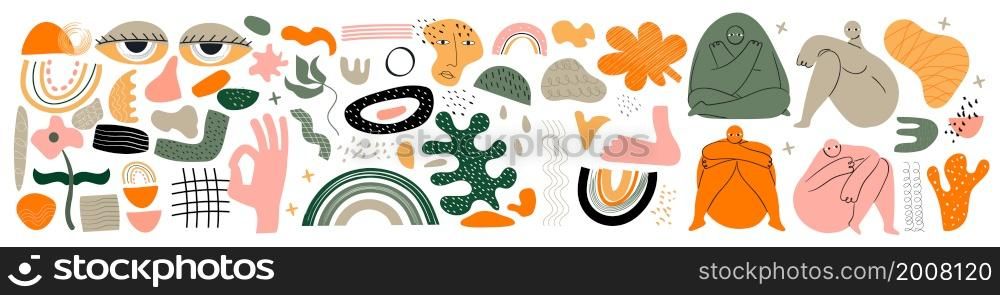 Big boho set vector in hand drawn style. Different spots, shapes. Hand, leaves, doodle elements are shown. Abstract bohemian, retro, trendy and contemporary geometric forms illustration.. Big boho set vector in hand drawn style. Different spots, shapes. Hand, leaves, doodle elements are shown.