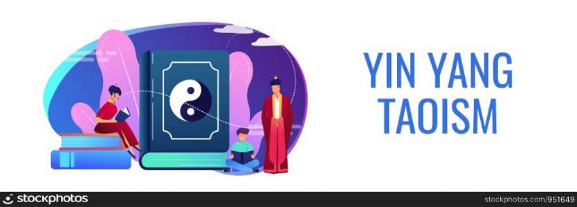 Big book with yin-yang and taoism family reading, tiny people. Yin yang Taoism, Daoism and Confucianism, Taoism Chinese philosophy concept. Header or footer banner template with copy space.. Taoism concept banner header.