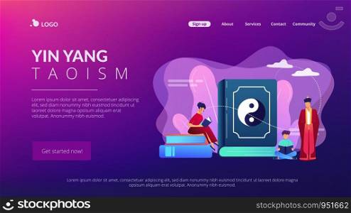 Big book with yin-yang and taoism family reading, tiny people. Yin yang Taoism, Daoism and Confucianism, Taoism Chinese philosophy concept. Website homepage landing web page template.. Taoism concept landing page.