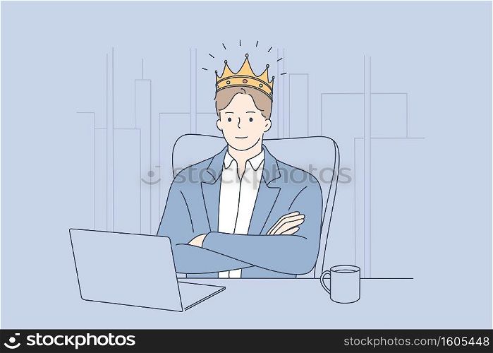 Big boss, confident businessman, director concept. Young businessman ceo in golden crown head sitting in office at laptop and feeling successful employer illustration . Big boss, confident businessman, director concept