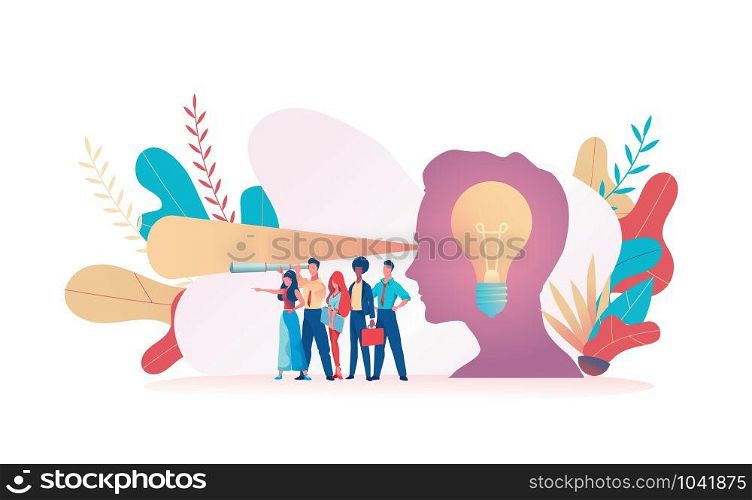 Big boss head light bulb. Light from eyes indicates path of development and new ideas. Metaphor of search for ideas. Concept leader CEO makes the right decision finds an idea. Vector flat illustration