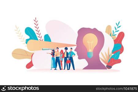 Big boss head light bulb. Light from eyes indicates path of development and new ideas. Metaphor of search for ideas. Concept leader CEO makes the right decision finds an idea. Vector flat illustration