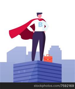 Big Boss on top, motivation and ambition concept, ceo manager confident employer in suit. Vector superbusinessman, worker in superhero cloak on top of building. Big Boss on Top, Motivation Ambition Ceo Manager