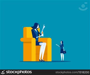 Big boss sitting on chair and talking employee. Concept business vector illustration, Meeting, Communication, Large