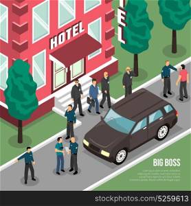 Big Boss With Security Isometric Illustration. Big boss with security service going from hotel to black car in summertime isometric vector illustration