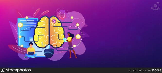 Big brain with circuit and programmers. Artificial intelligence, machine learning and data science, cognitive computing concept on white background. Header or footer banner template with copy space.. Artificial intelligence concept banner header.