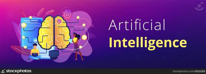 Big brain with circuit and programmers. Artificial intelligence, machine learning and data science, cognitive computing concept on white background. Header or footer banner template with copy space.. Artificial intelligence concept banner header.