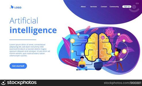 Big brain with circuit and programmers. Artificial intelligence, machine learning and data science, cognitive computing concept on white background. Website vibrant violet landing web page template.. Artificial intelligence concept landing page.