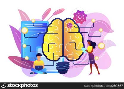 Big brain with circuit and programmers. Artificial intelligence, machine learning and data science, cognitive computing concept on white background. Bright vibrant violet vector isolated illustration. Artificial intelligence concept vector illustration.