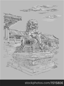 Big bronze lion in forbidden city in Beijing, landmark of China. Monochrome hand drawn vector sketch illustration isolated on gray background. China travel Concept. Stock illustration