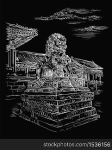 Big bronze lion in forbidden city in Beijing, landmark of China. Monochrome hand drawn vector sketch illustration isolated on black background. China travel Concept. Stock illustration