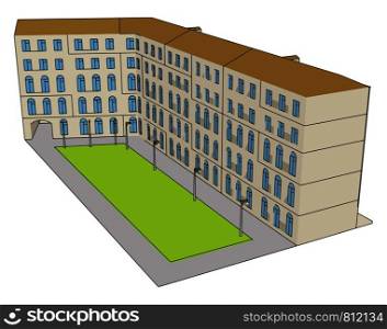 Big building with grass field, illustration, vector on white background.