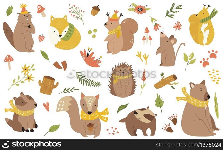 Big bundle of forest animals in scarfs. Woodland characters, vector illustration. For baby shower cards, greetings, prints. Big bundle of cute forest animals in scarfs