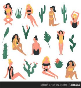 Big bundle of girls in swimsuit and cacti. Vector illustration. Big bundle of girls in swimsuit and cacti