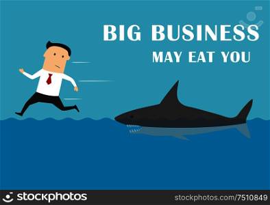 Big business may eat you small business concept. Dangerous shark of big business hunting for businessman. Big business shark attacking a businessman