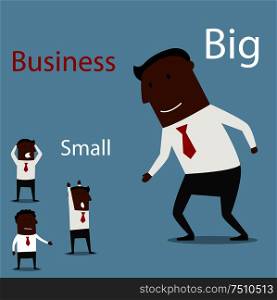 Big businessman giving hand for handshake to panicked small black businessmen. Partnership concept between big and small businesses. Partnership between big and small business