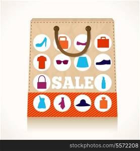 Big carry paper sale shopping bag concept with clothes and accessories icons vector illustration