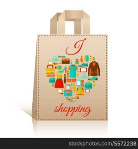 Big carry paper sale shopping bag design template with love heart clothes accessories symbol vector illustration