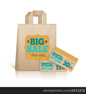 Big carry paper sale shopping bag with price badge and offer cards concept isolated vector illustration