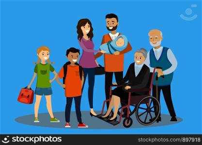 Big cartoon family.father, mother with children and old people- grandmother in wheelchair and grandfather, vector illustration. Big cartoon family