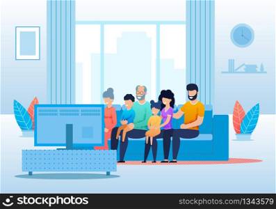 Big Cartoon Family Watching TV together in Living Room. Three Generation Gathered Together for Spending Enjoying Time. Married Couple, Kids, Relatives at Home. Vector Family-Friendly Flat Illustration. Big Family Watching TV together in Living Room
