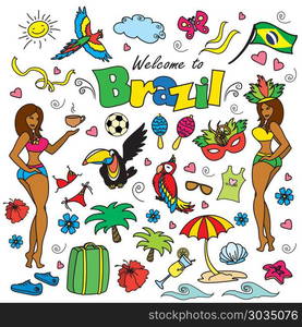 Big cartoon set of Brazilian templates. Big cartoon set of Brazilian templates - football, Brazilian accessories, clothes, trees, musical instruments, animals. For banners, sport backgrounds, presentations. Big cartoon set of Brazilian templates