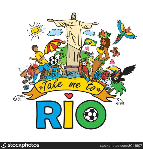 Big cartoon set of Brazilian templates. Take me to Rio , Big cartoon set of Brazilian templates - football, Brazilian accessories, clothes, trees, musical instruments, animals. For banners, sport backgrounds, presentations. On white background. Big cartoon set of Brazilian templates