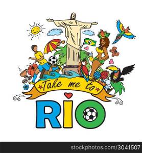 Big cartoon set of Brazilian templates. Take me to Rio , Big cartoon set of Brazilian templates - football, Brazilian accessories, clothes, trees, musical instruments, animals. For banners, sport backgrounds, presentations. On white background. Big cartoon set of Brazilian templates