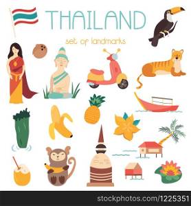 Big cartoon set of Thai landmarks, symbols, animals.. Big cartoon set of Thai landmarks, symbols animals