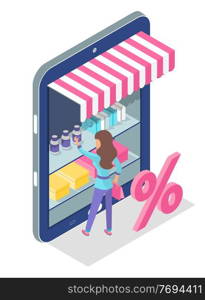 Big cartoon smartphone screen, shelves with goods boxes, shopping paper bags, banks. Girl stands with pink shopping package and selects product. Big pink percentage icon. The concept of online trading. Isometric image of smartphone with conceptual product shelves, shopping packages, girl chooses items