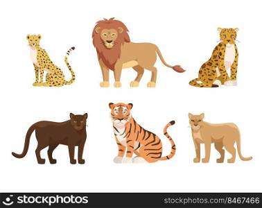 Big cats of Africa and North America vector illustrations set. Cartoon tiger, African lion, cheetah, panther, American jaguar, cougar isolated on white background. Wild animals, zoo, fauna concept