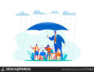 Big CEO boss hold huge umbrella in rain. metaphor of office people under protection of leader. concept of safety at work, caring, relaxed atmosphere, benefits for staff. Flat vector illustration
