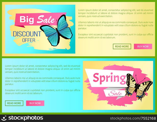 Big choice best spring sale labels on posters with butterflies, day-flying moths with wings vector voucher advertisement sticker and tag, add your text. Big Choice Spring Sale Labels Posters Butterfly
