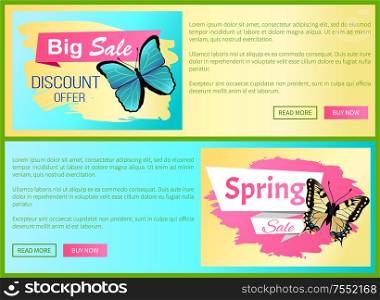 Big choice best spring sale labels on posters with butterflies, day-flying moths with wings vector voucher advertisement sticker and tag, add your text. Big Choice Spring Sale Labels Posters Butterfly