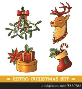 Big christmas colored icons set with deer sock gift boxes isolated vector illustration