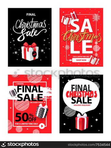Big Christmas holiday sale, winter discounts set vector. Reduction of goods cost, 50 percent lowering on presents and gifts with bows ribbon decoration. Big Christmas Holiday Sale, Winter Discounts Set