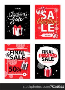 Big Christmas holiday sale, winter discounts set vector. Reduction of goods cost, 50 percent lowering on presents and gifts with bows ribbon decoration. Big Christmas Holiday Sale, Winter Discounts Set