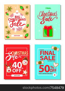 Big Christmas sale 50 percent off reduction price vector. Giftbox decorated with ribbon bow, mistletoe plant with leaves and berries, snowman reindeer. Big Christmas Sale 50 Percent Off Reduction Price