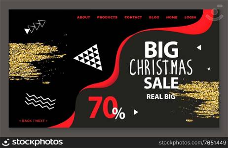 Big Christmas sale, 70 percent discounts and offerings from shops and stores. Holidays lowering of price, winter inexpensive goods. Website or webpage template, landing page, vector in flat style. Big Christmas Sale 70 Percent Off Price Website