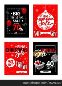 Big Christmas sale, buy products now holiday offer of shops vector. 70 and 50 percents of reduction, reduced cost, basket with presents and gifts. Big Christmas Sale, Buy Products Now Holiday Offer