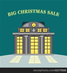 Big Christmas Sale Glowing Shop Store. Vector. Big christmas sale glowing shop. Store with lighted windows waits for consumers. Retail shopping. Holiday discount season. Xmas new year purchase. Winter celebration. Special offer promotion. Vector