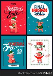 Big Christmas sale holiday discount set of postcards, cartoon pigs. Vector pink piglets animals, New year ball decoration element, gift boxes and candy. Big Christmas Sale Holiday Discount Postcards Set