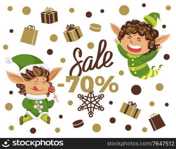 Big christmas sale in stores. Festive background with elves and boxes with gifts. Fairy characters among presents, santa claus helpers. Commerce promotion banner. Vector illustration in flat style. Best Christmas Sale, Elves with Present Boxes