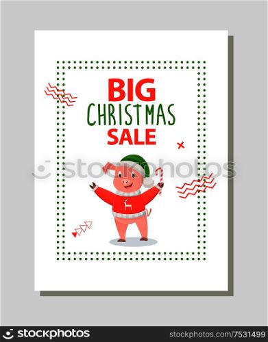 Big Christmas sale poster with happy pig holding candy stick vector leaflet. Pink pig in red sweater with deer, New Year symbol in frame, vector discounts. Big Christmas Sale Poster Happy Pig Holding Candy