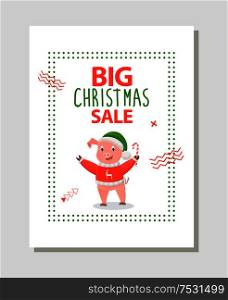 Big Christmas sale poster with happy pig holding candy stick vector leaflet. Pink pig in red sweater with deer, New Year symbol in frame, vector discounts. Big Christmas Sale Poster Happy Pig Holding Candy