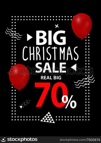 Big Christmas sale up to 70 percent off, vector brochure with balloon, abstract figures and frame. Black cover with info about Xmas and New Year discounts. Big Christmas Sale Up to 70 Percent Off Brochure