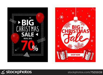 Big Christmas sale up to 70 percent off, vector brochures with balloon and decorative ball. Covers with info about Xmas and New Year discounts, gifts. Big Christmas Sale Up to 70 Percent Off Brochure